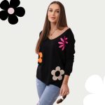 FLOOW - női pulóverblúz virágmintákkal, fekete