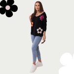 FLOOW - női pulóverblúz virágmintákkal, fekete