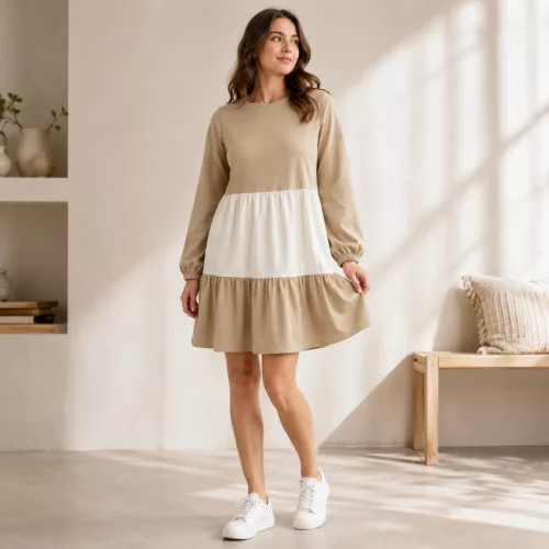 FLOOW Velvet női ruha – Bézs-krém hosszú ujjú ruha