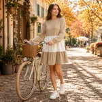 FLOOW Velvet női ruha – Bézs-krém hosszú ujjú ruha