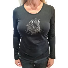   HÍMZETT Cica - sötétből kikandikáló profil  - hosszú ujjú póló mellrészén, fekete színben-S