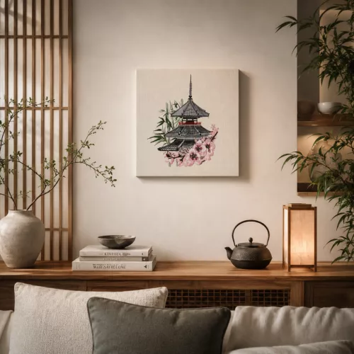 Hímzett Japán Pagoda Falikép – Harmónia és Elegancia